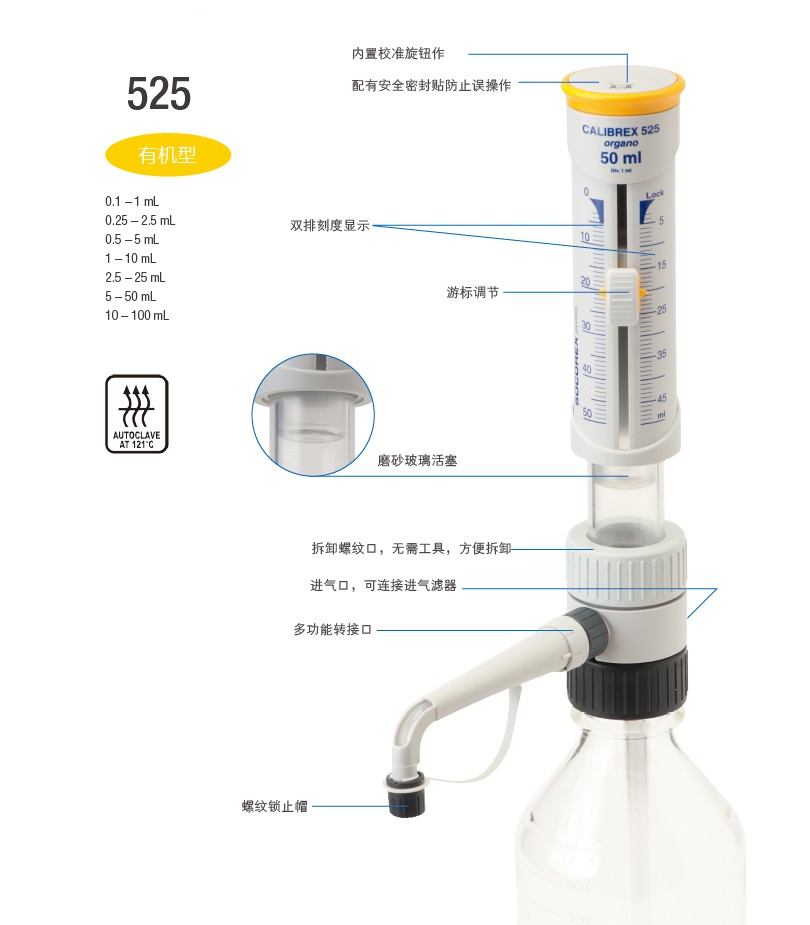 SOCOREX 525有机型瓶口分液器 5-50mL - 有机瓶口分液器